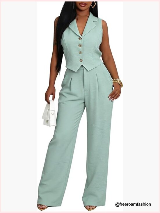 Pants - Women's Two Piece Pants Set Sleeveless Vest Blazer Wide Leg Office Outfit